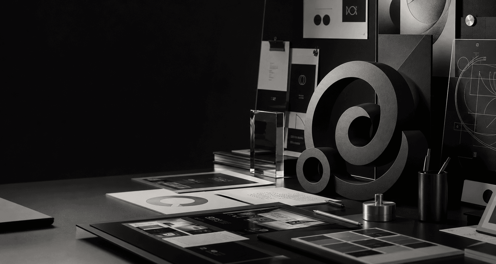 Premium creative technology studio desk with brand boards, interface sketches, and development materials